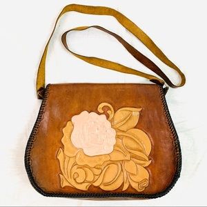 Vintage Leather Hand Tooled  Rose Purse Bag